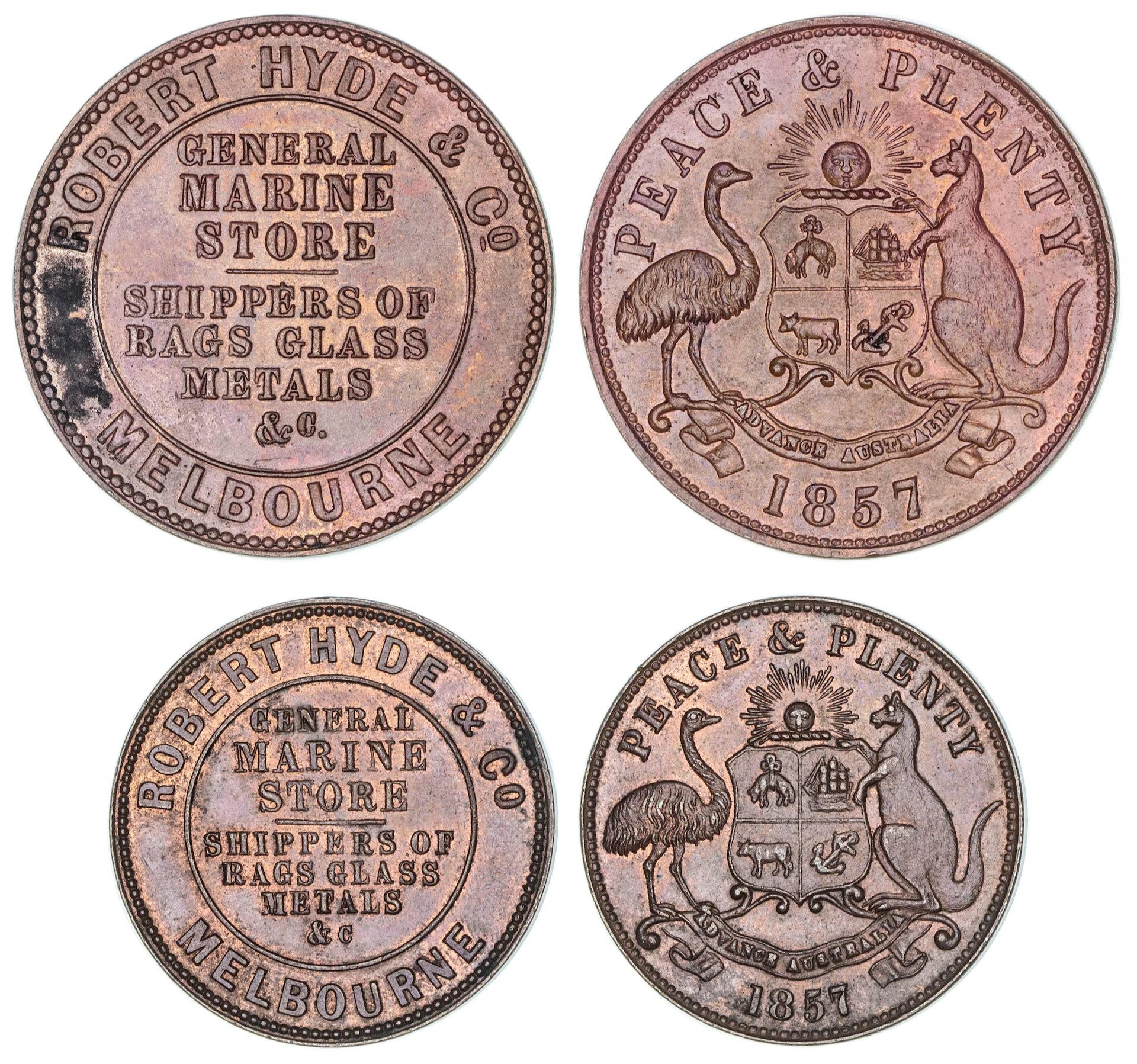477 · Robert Hyde & Co., Melbourne, Penny & Halfpenny, 1857, EF