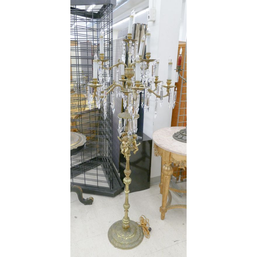 Vintage Figural Putti Brass Candelabra Floor Lamp with Lusters- 66x24'' (some damage)