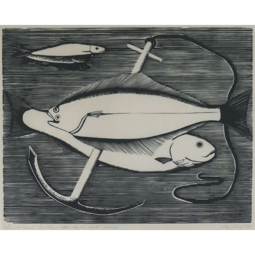 Fay Chong ''Fish and Anchor'' 1939 Linocut