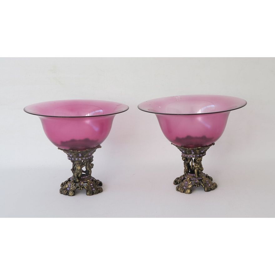 PAIR OF GLASS AND METAL PEDESTAL BOWLS