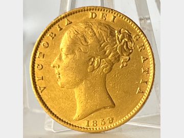 1859 VICTORIA YOUNG HEAD LONDON MINT SHIELD GOLD SOVEREIGN