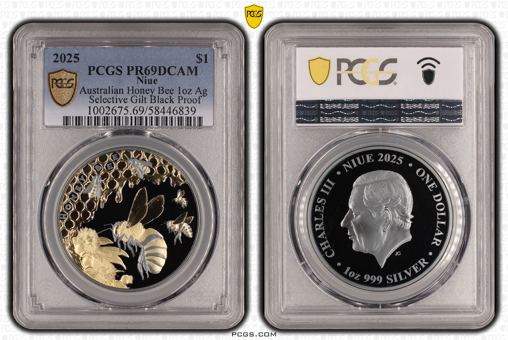 Niue, Charles III, Australian Honey Bee 1oz Select Gilt Black Silver, One Dollar, 2025, PCGS PR69DCAM