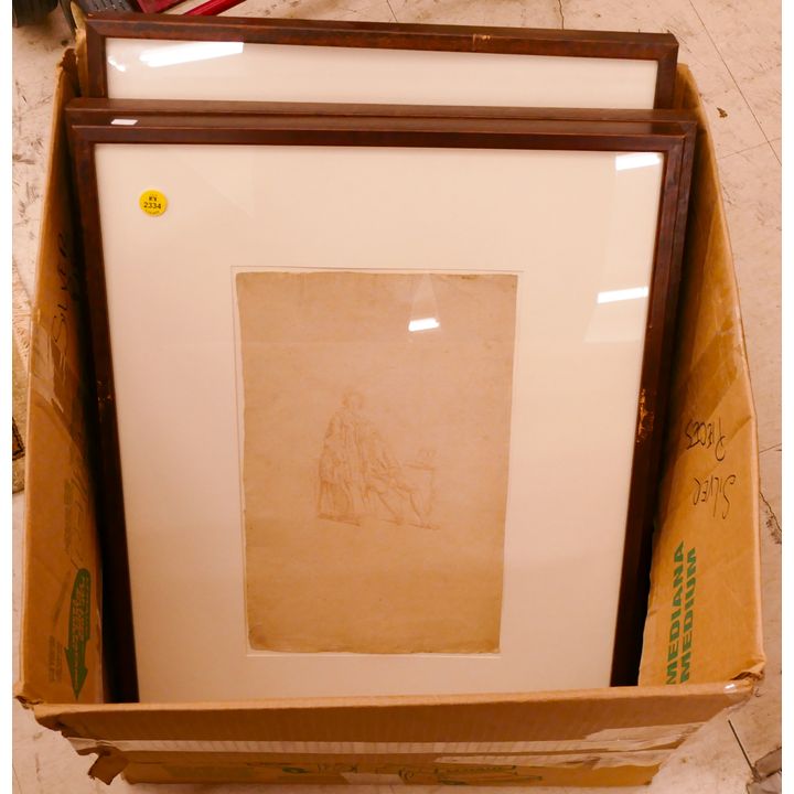 Box 3pc European 17th Century Conte Crayon Figure Drawings- 23x17'' Framed