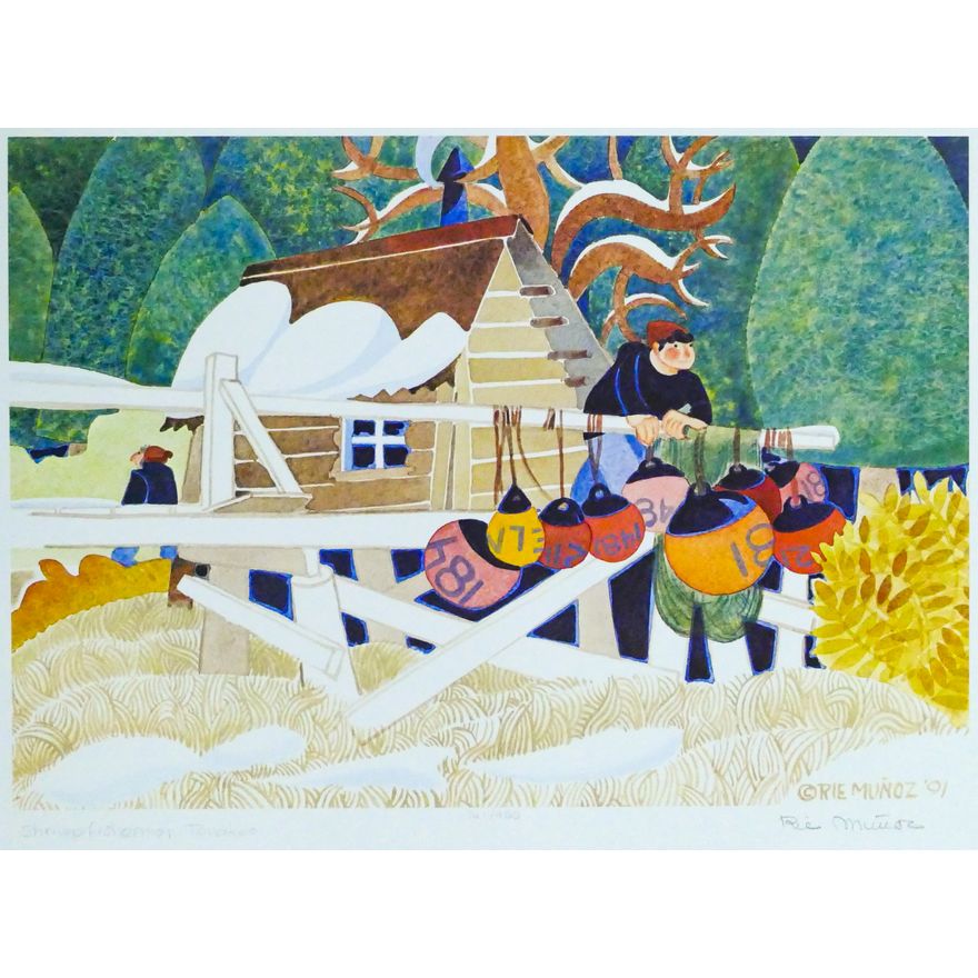 Rie Munoz ''Shrimp Fisherman, Tenakee'' 1991 Signed