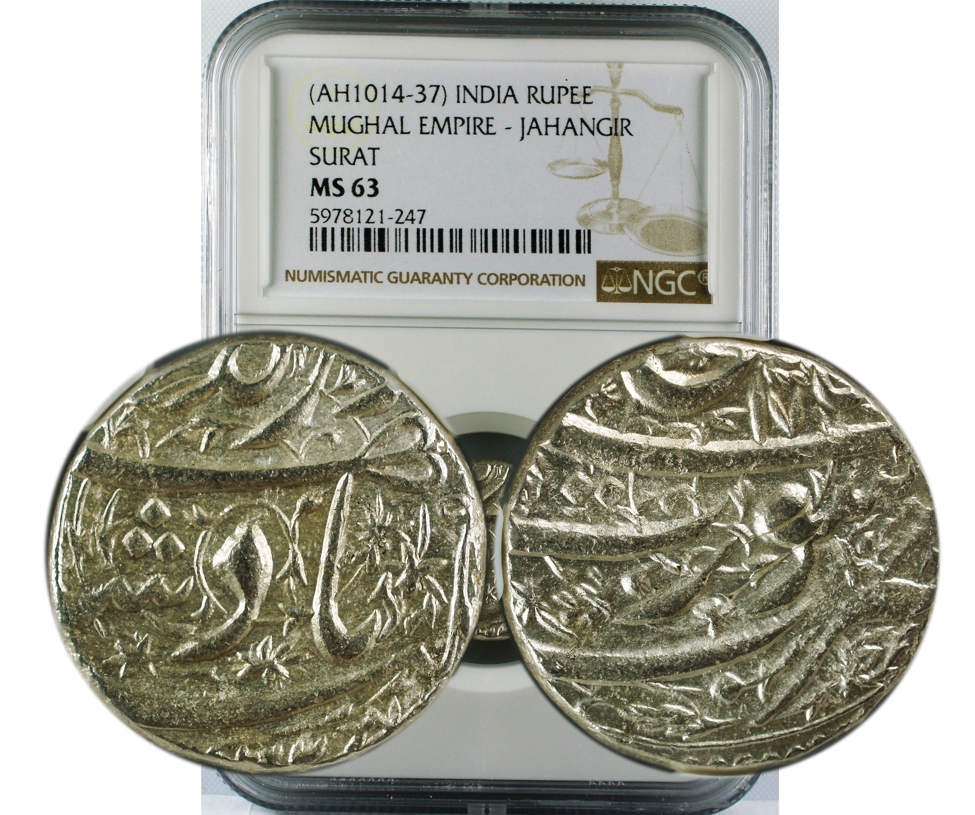 AH 1014-37 INDIA RUPEE MUGHAL EMPIRE-JAHANGIR SURAT MS63