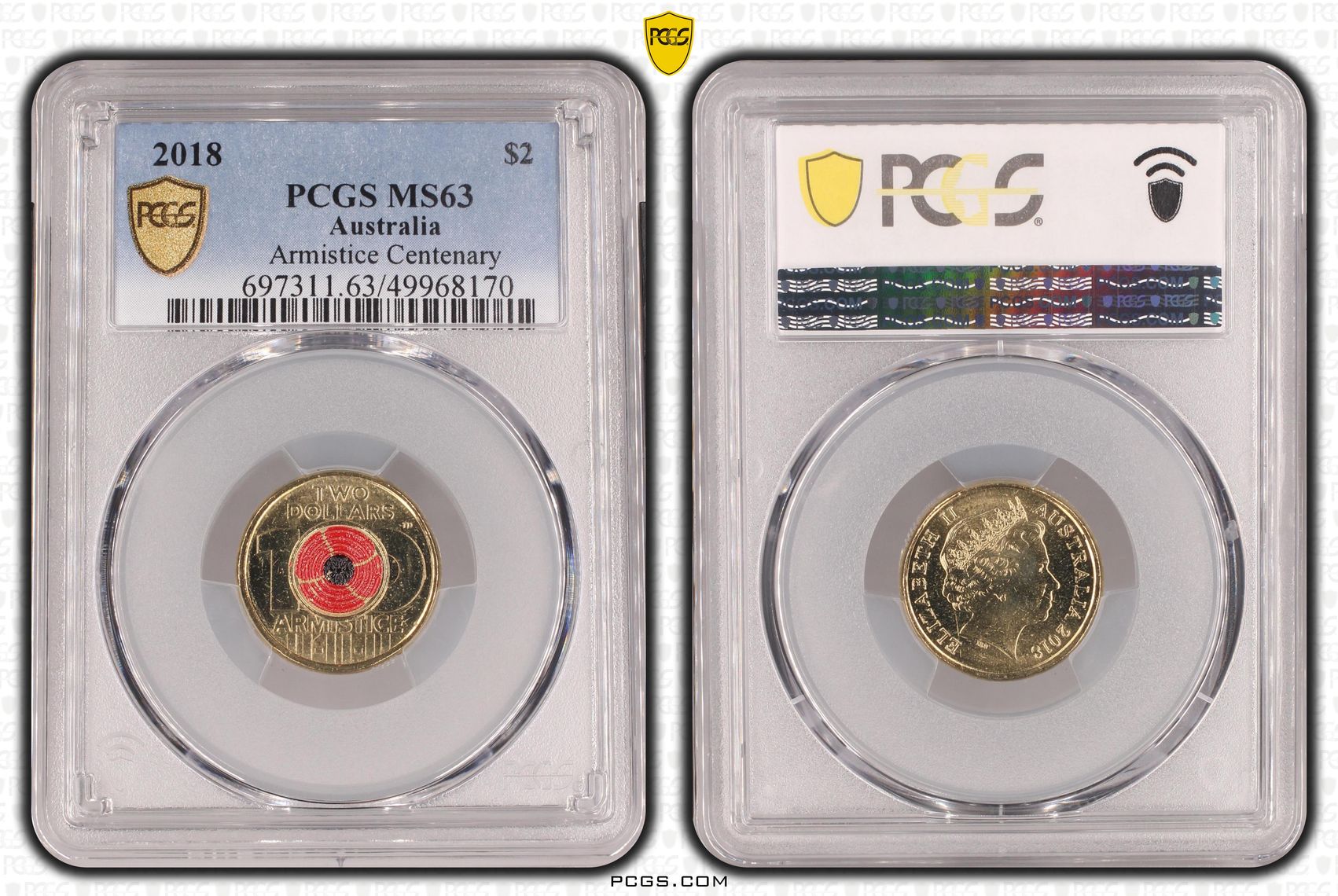 Armistice Centenary Colourised, Two Dollar, 2018, PCGS MS63
