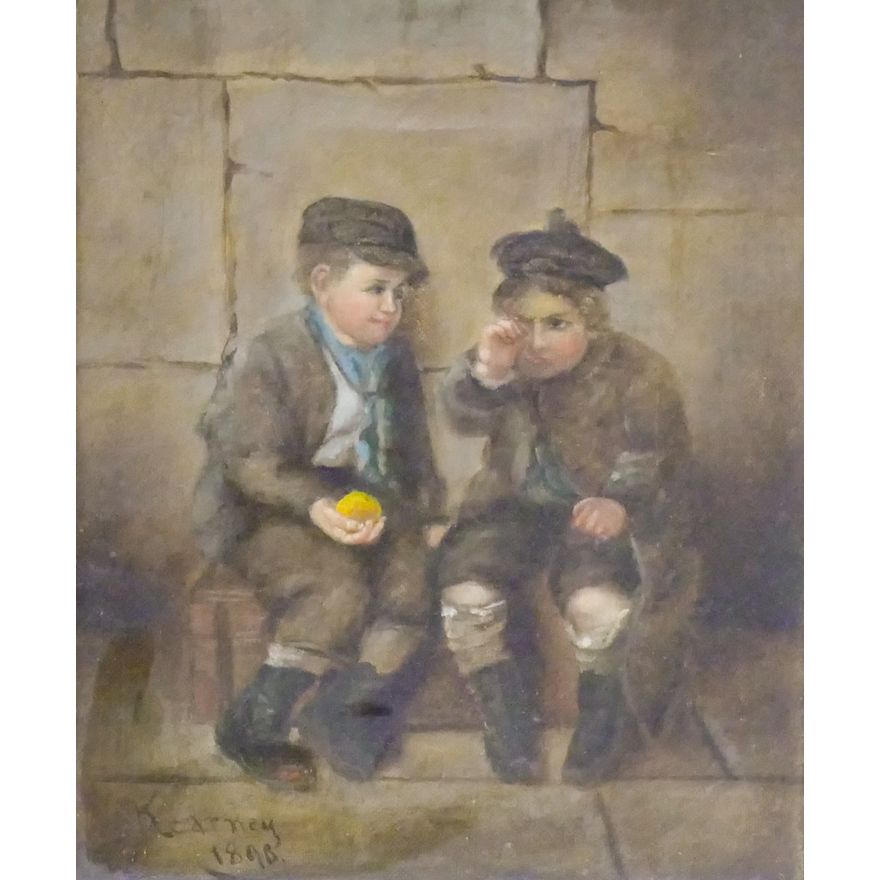 Antique ''Two Boys'' 1898 Oil on Canvas Framed 15''x13'' - Signed Kearney