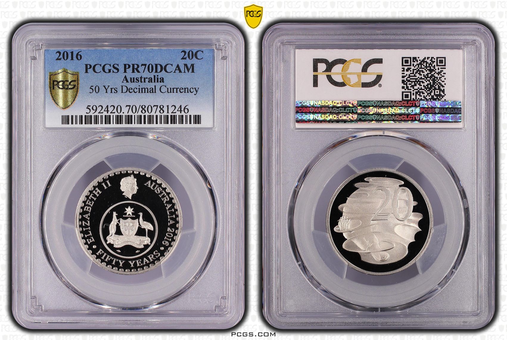 50 Yrs Decimal Currency, Twenty Cent, 2016, PCGS PR70DCAM