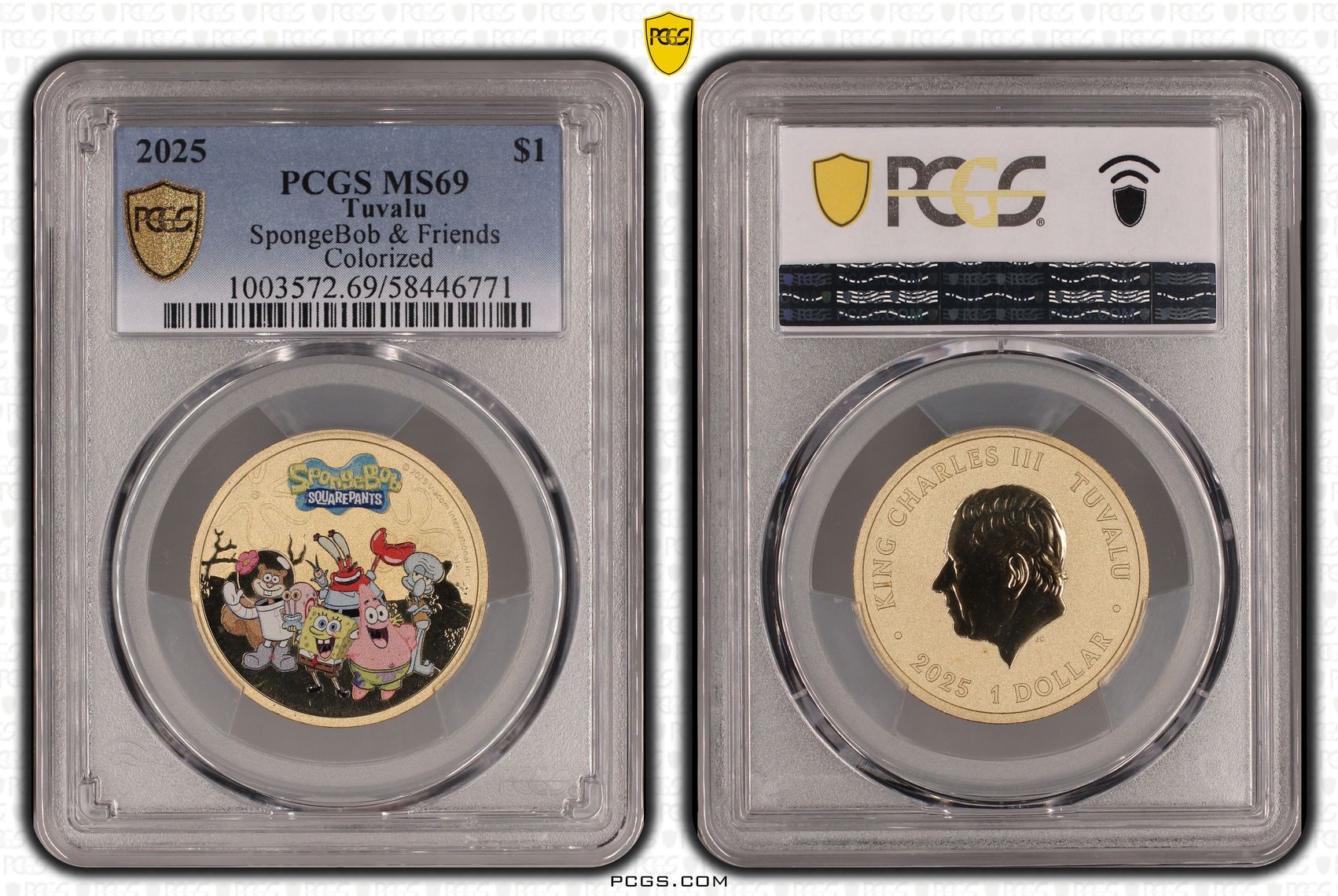 Tuvalu, Charles III, SpongeBob & Friends Colourised, One Dollar, 2025, PCGS MS69