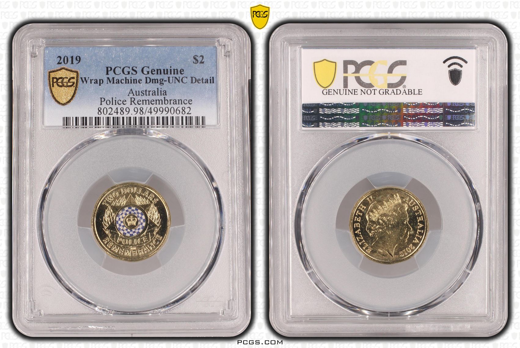 Police Remembrance Colourised, Two Dollar, 2019, PCGS Genuine - UNC Details (98 - Damage)