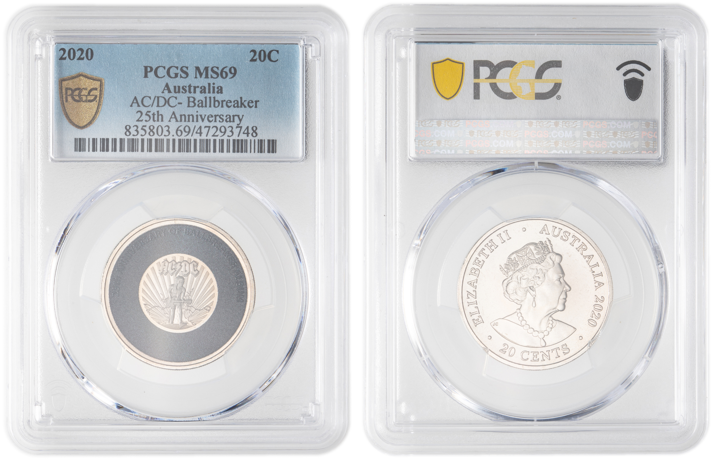 Elizabeth II, AC/DC- Ballbreaker 25th Anniversary, Twenty Cent, 2020, PCGS MS69