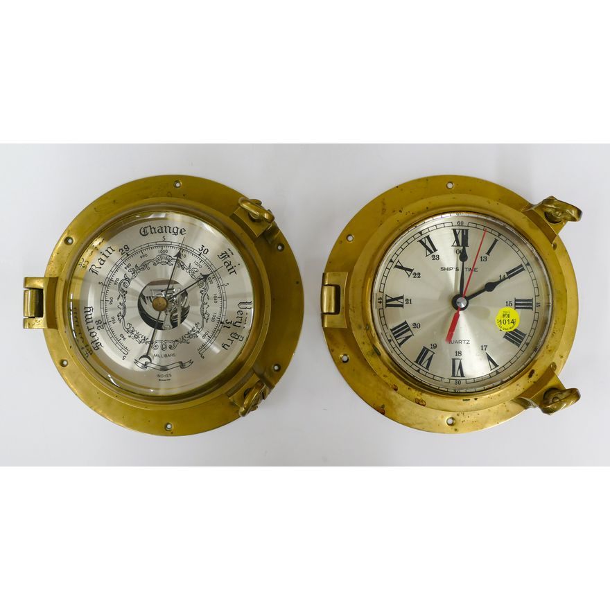 2pc Brass Barometer & Quartz Ships Clock 9''