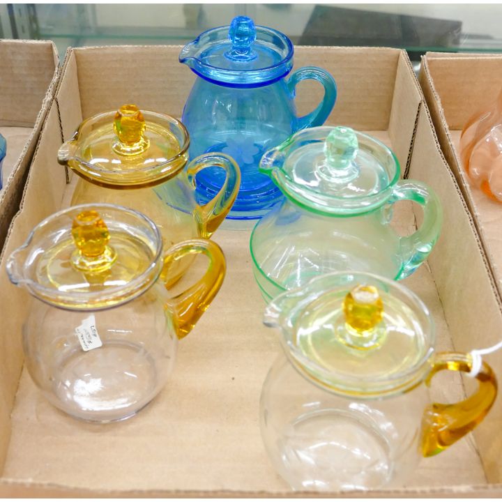 Box 5pc Vintage Colored Glass Pitchers 5''