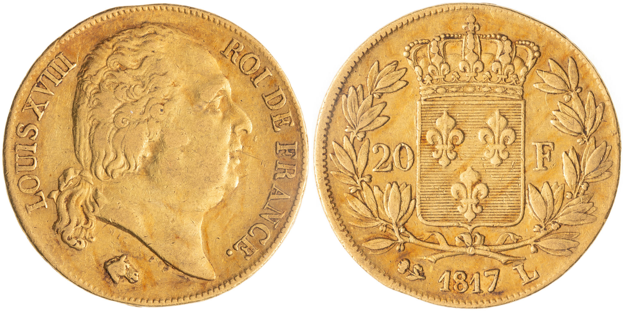 France, Louis XVIII, Nude Bust, Twenty Francs, 1817-L, gF