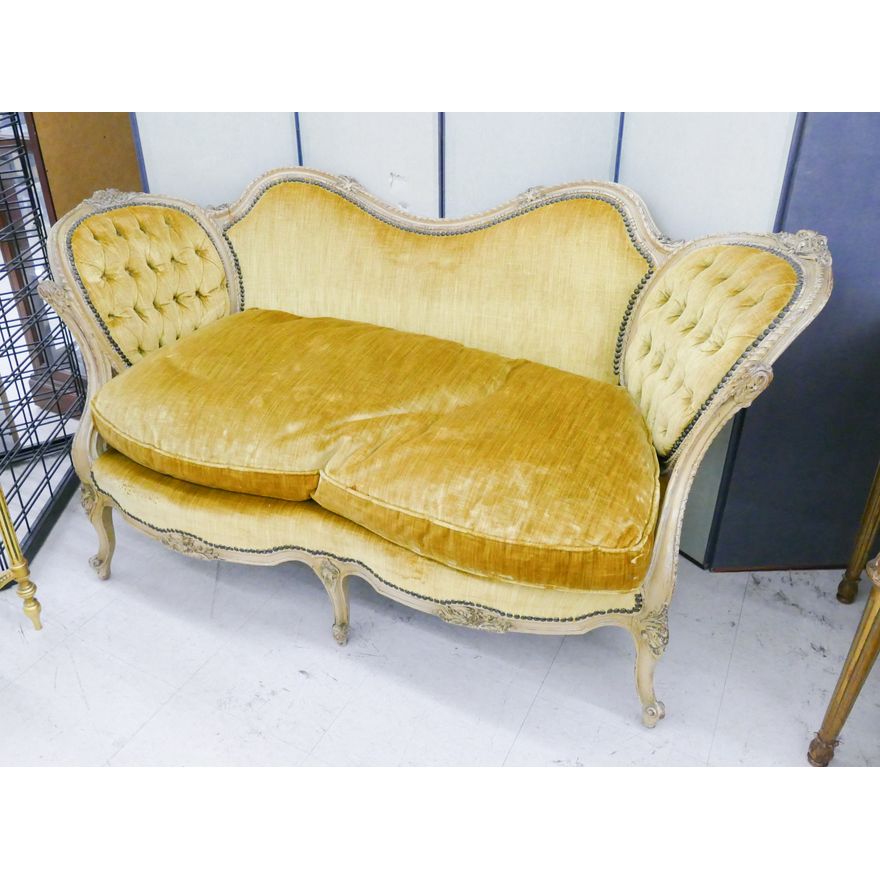 French Carved Frame Tufted Back Gold Velvet Settee- 32x63x26''