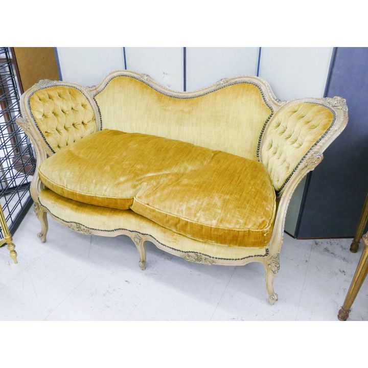 French Carved Frame Tufted Back Gold Velvet Settee- 32x63x26''