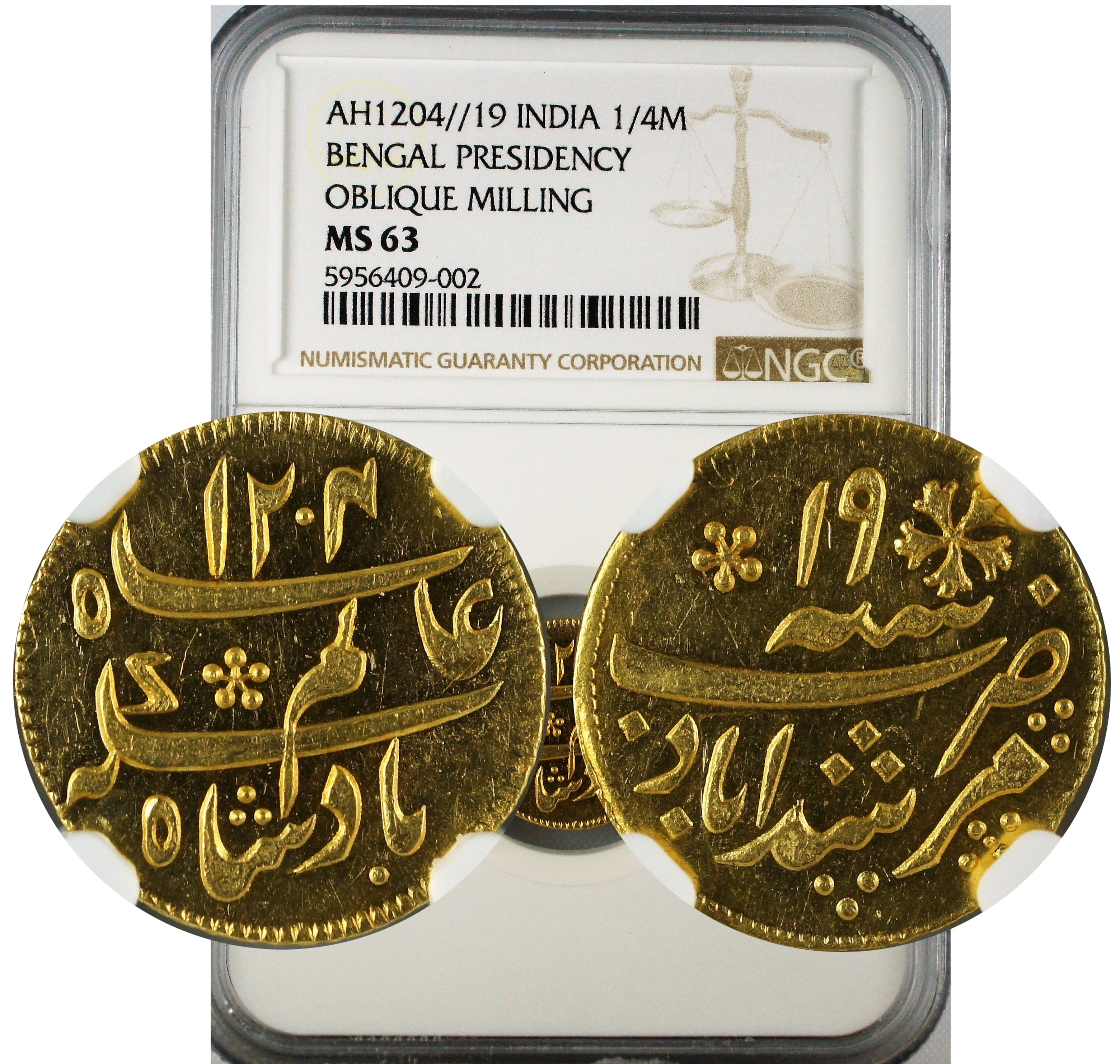 India Bengal Presidency AH1204//19 1/4 Gold Mohur NGC MS63