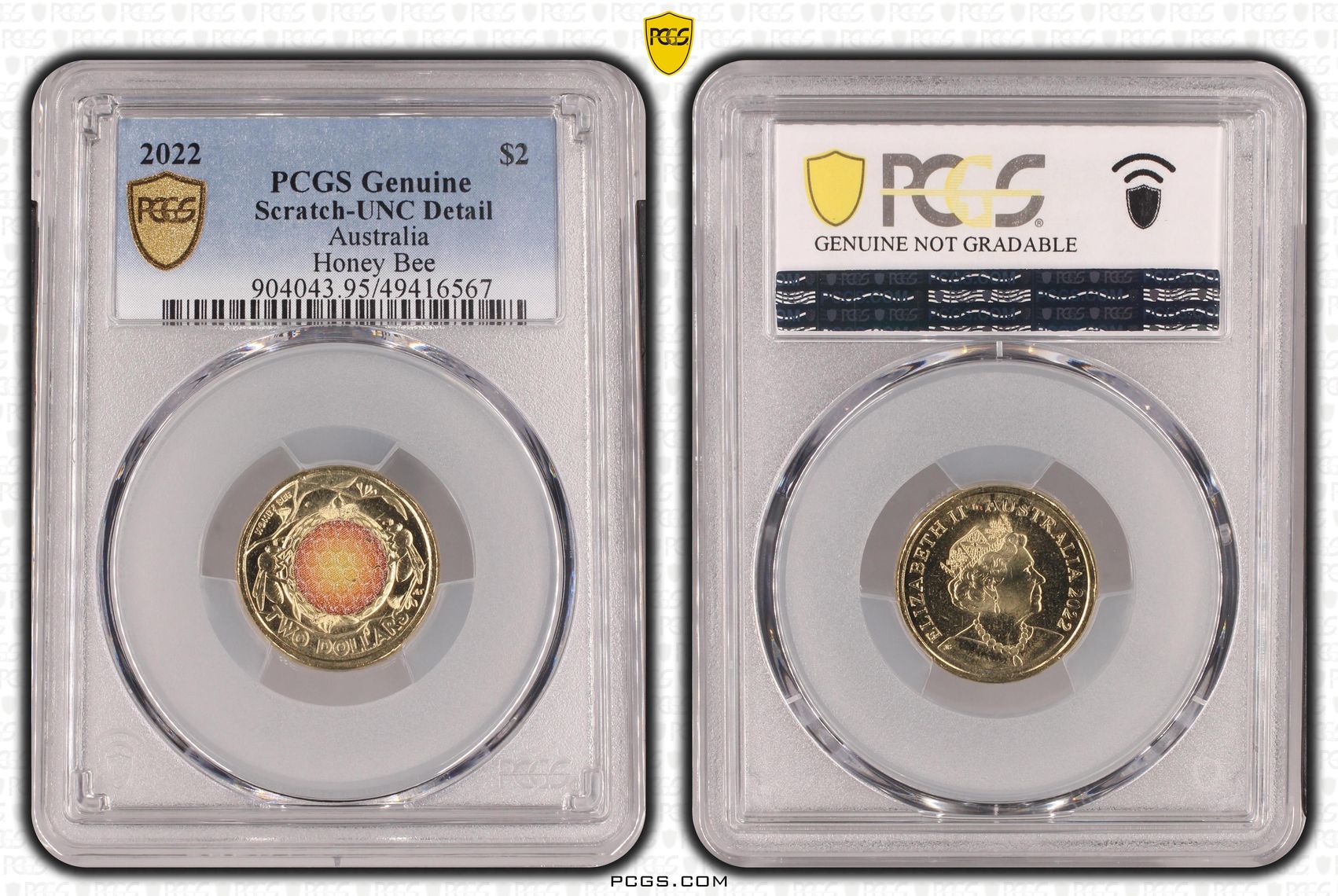 Honey Bee Colorized, Two Dollar, 2022, PCGS Genuine - UNC Details (95 - Scratch)