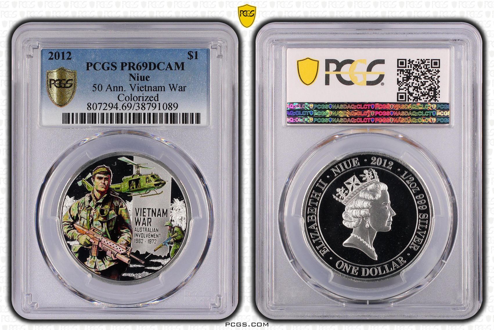 2012 Niue One Dollar, $1 Silver Proof 50 Ann. Vietnam War Colorized PCGS - PR69DCAM POP 1/0 -089