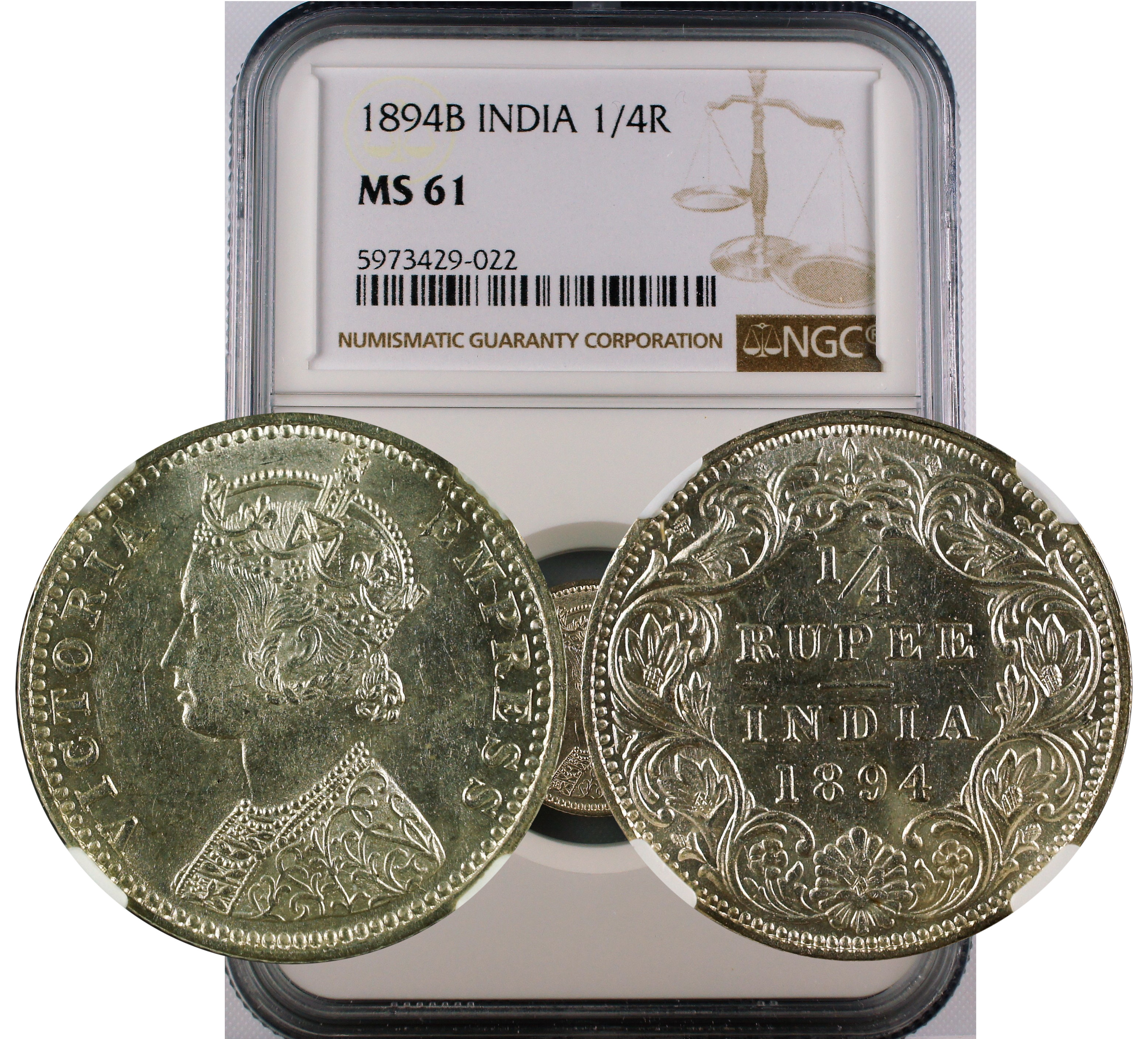 1894 B INDIA 1/4 RUPEE MS61
