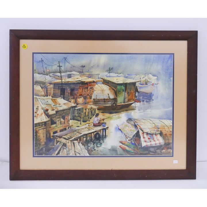 Watchaia Asian Dock Fishing Scene Watercolor Framed- 21x26''