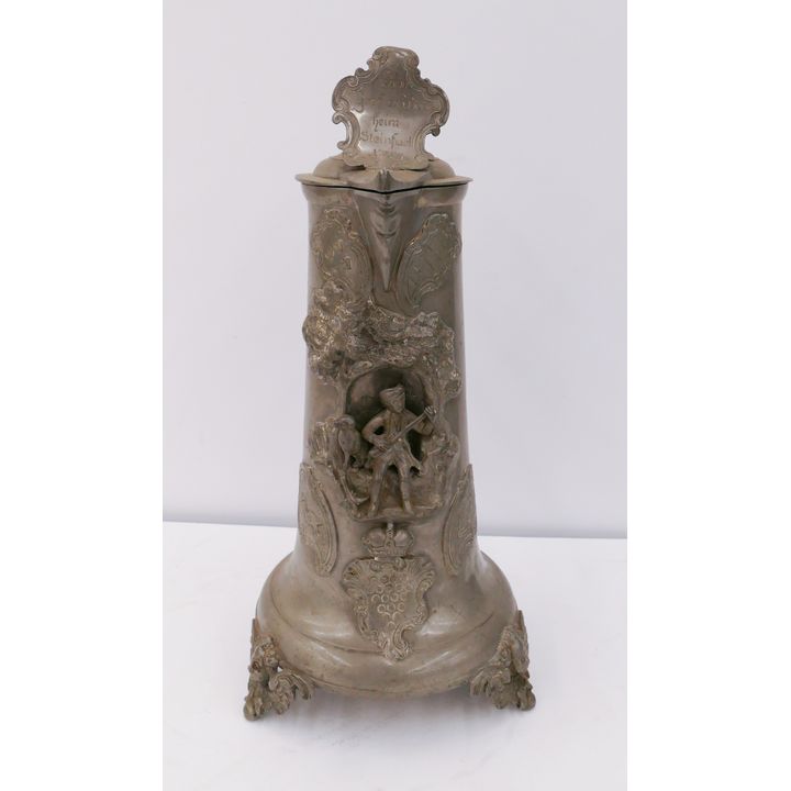 Antique Pewter Relief Decorated German Stein- 14''