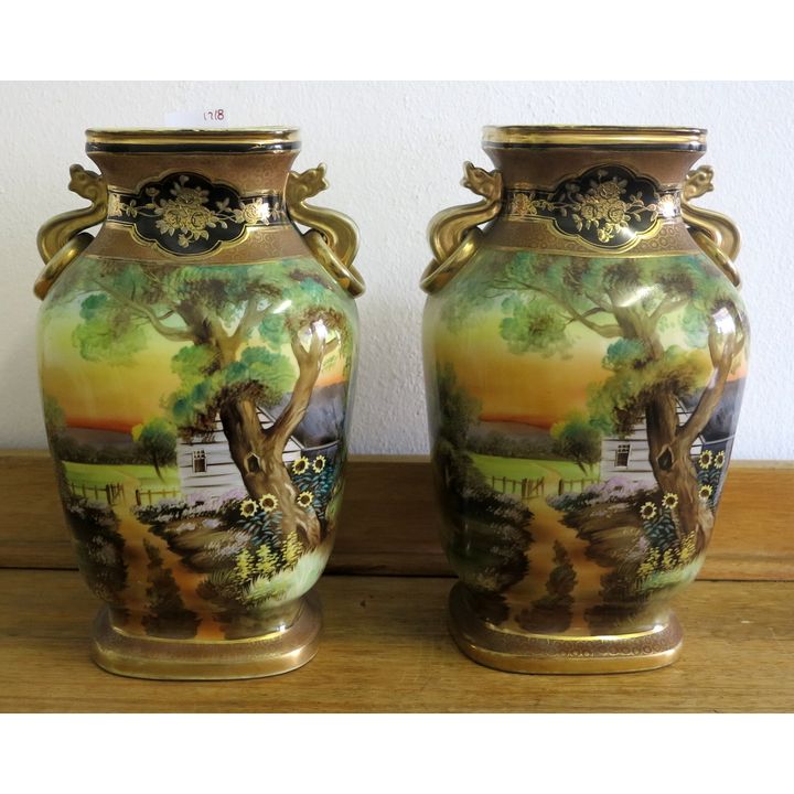 PAIR OF NORITAKE PORCELAIN TWO-HANDLED VASES,
