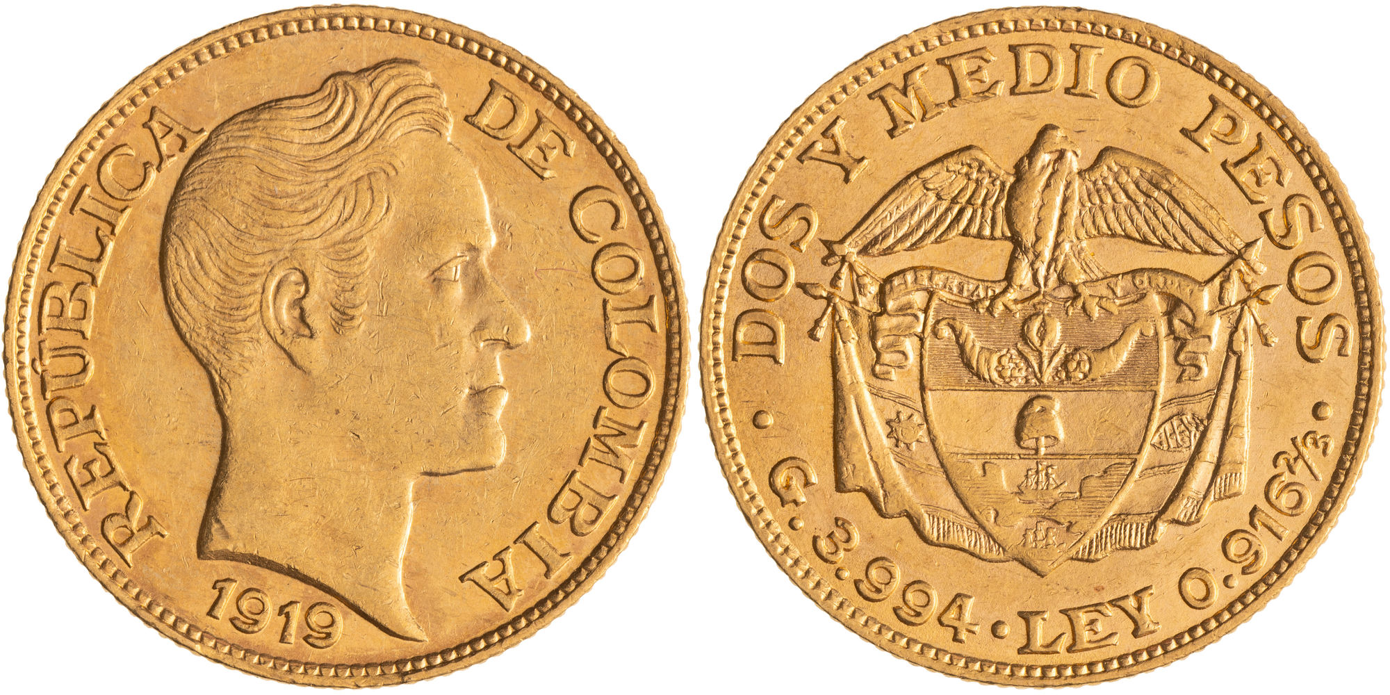 Colombia, Republic, Two and a Half Pesos, 1919, UNC