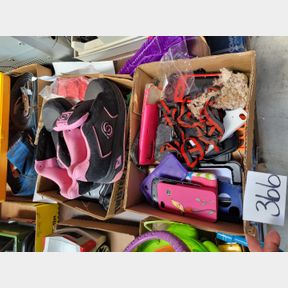 2 Boxes of phone holders, kid shoes, and router