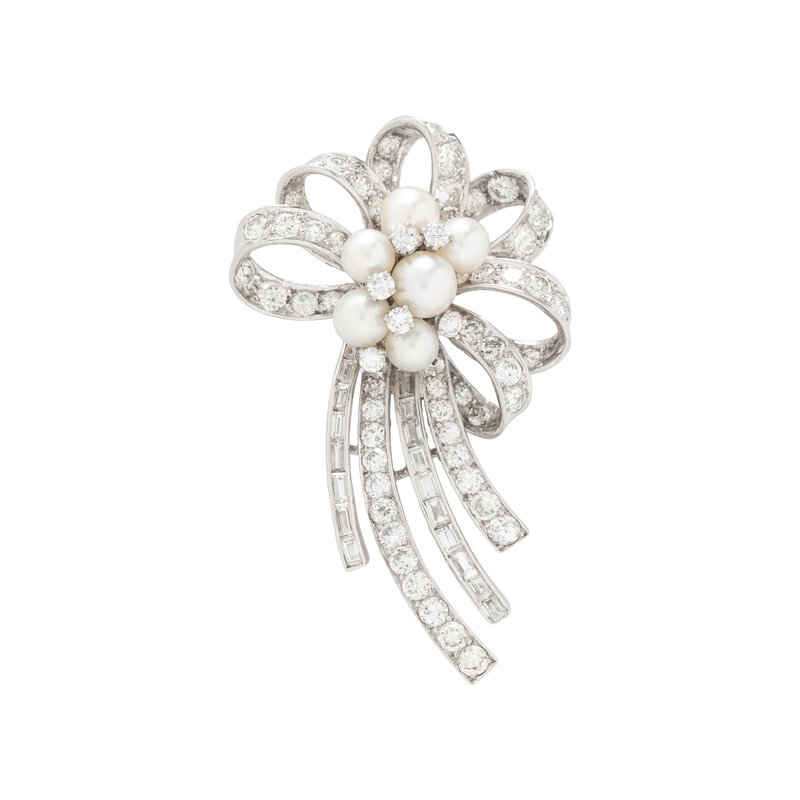 PLATINUM, DIAMOND AND CULTURED PEARL SPRAY BROOCH