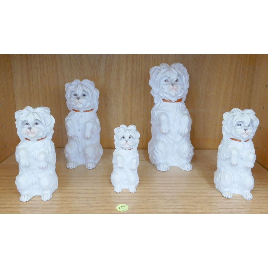 Shelf 5pc Antique Heubach Bisque Highland Terriers- 4'' to 9''