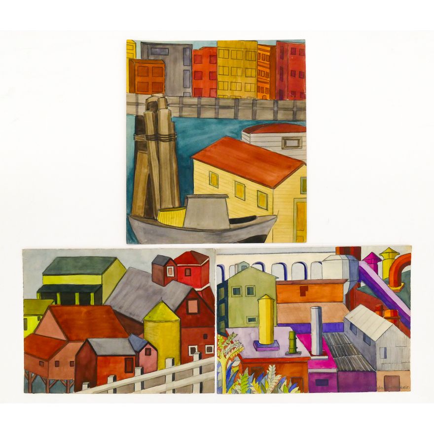 3pc Rhoda Gantenbein ''Industrial Scenes'' 1930's Watercolor
