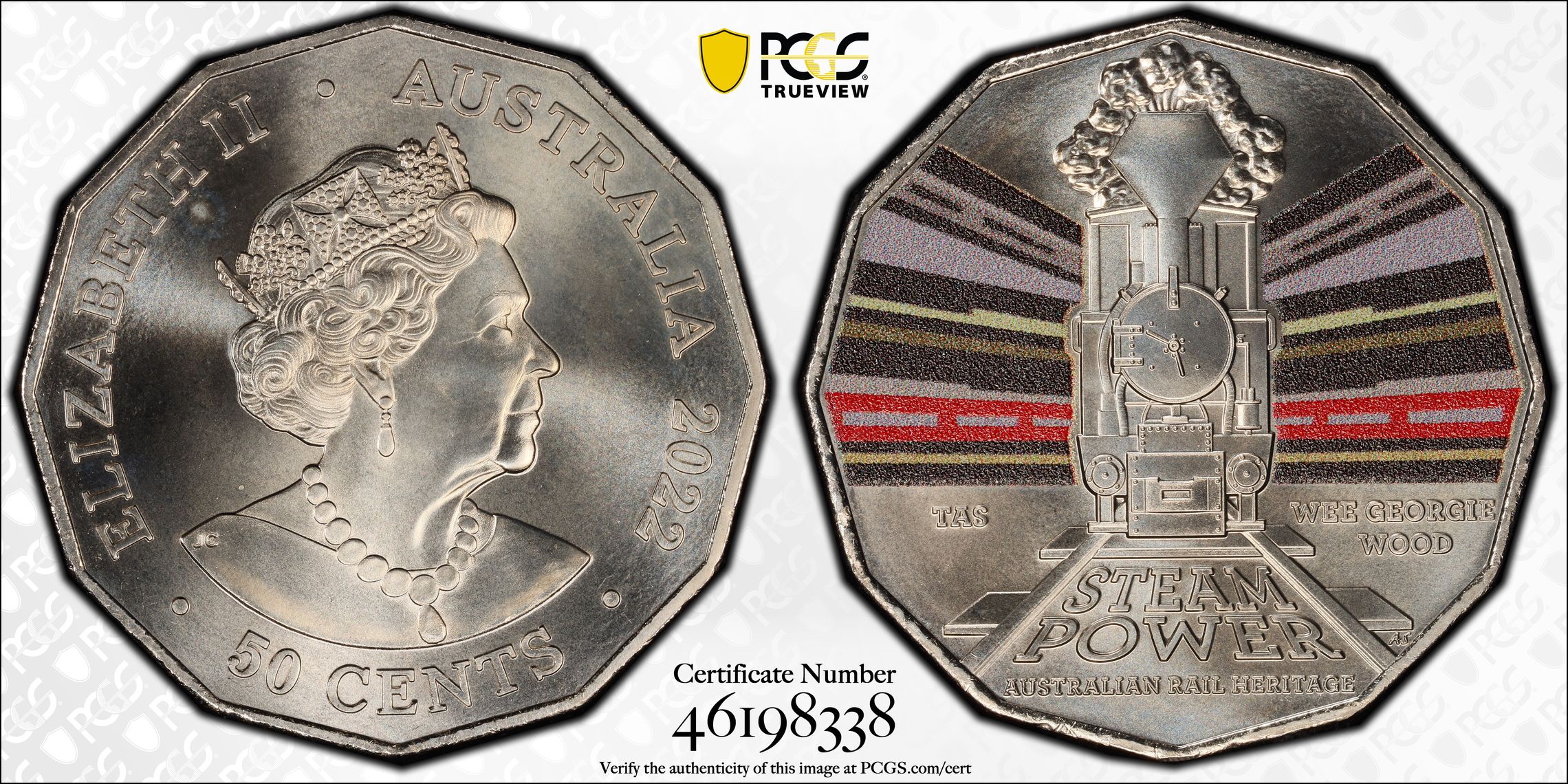 Tasmania Wee Georgie Wood - Rail Heritage Colorized, Fifty Cent, 2022, PCGS MS69