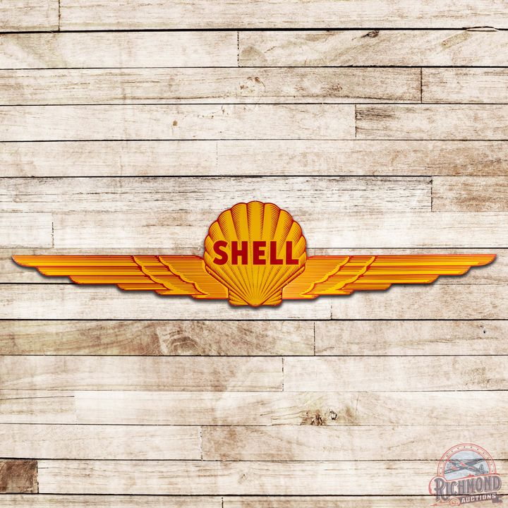 Fantastic Shell Aviation Gasoline 3-Piece 18' SS Porcelain Clamshell Sign w/ Wings