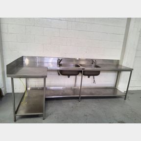 StayBrite L shaped stainless steel prep bench with twin pot sink & faucets
