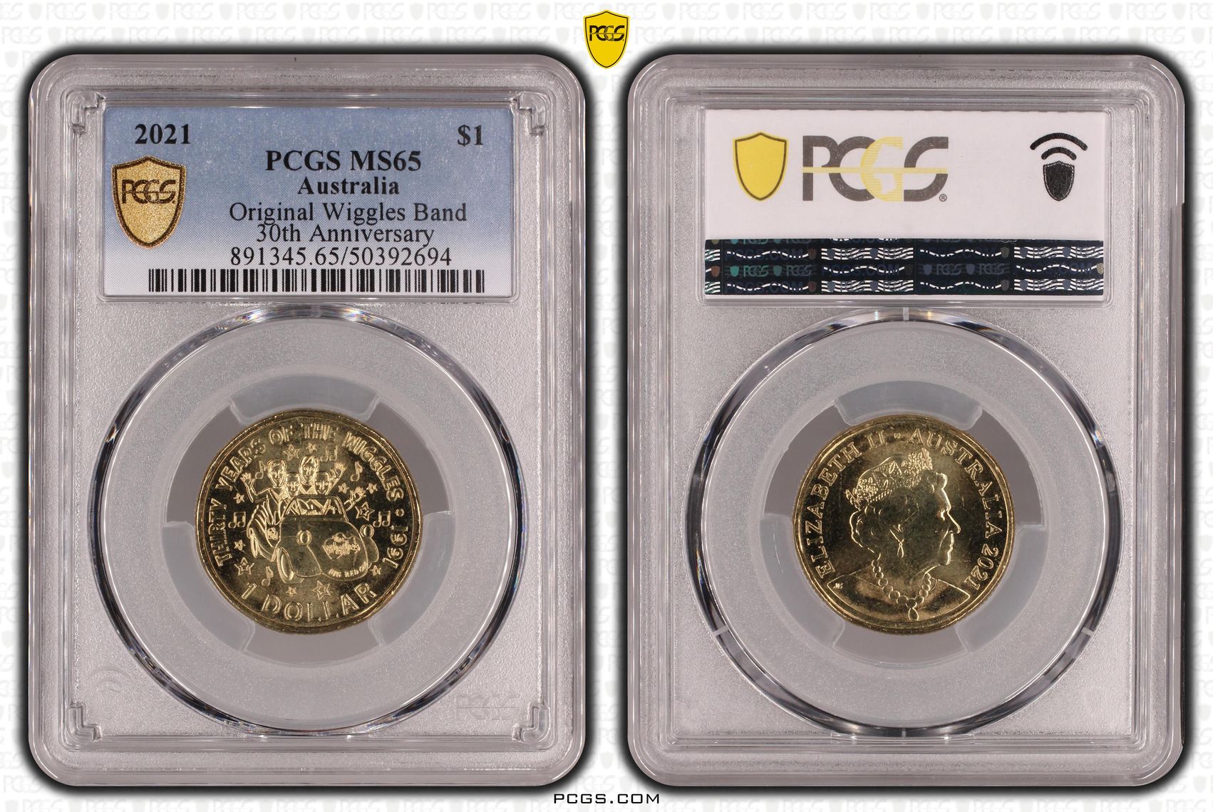 Elizabeth II, Original Wiggles Band , One Dollar, 2021, PCGS MS65