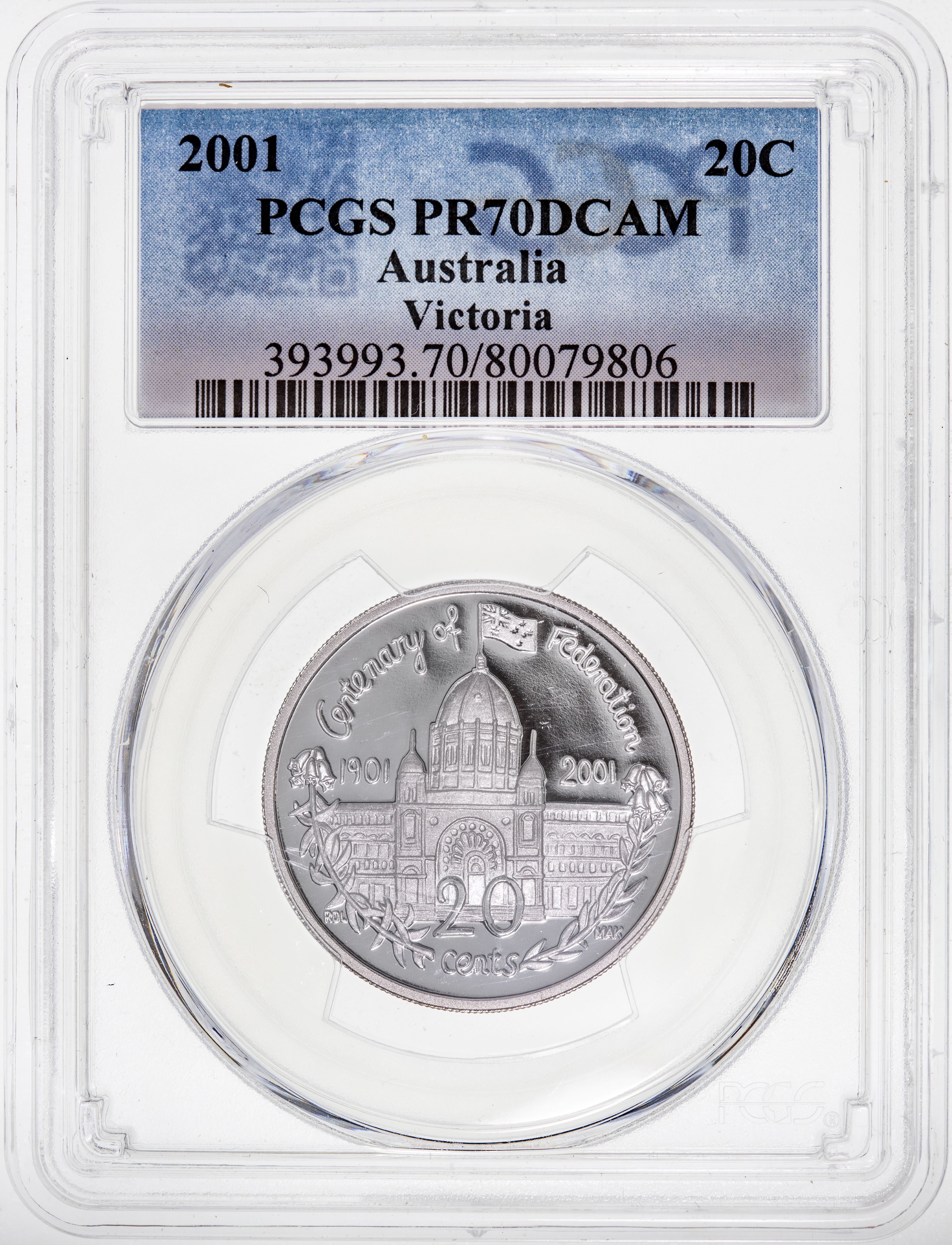 Victoria, Top pop, Twenty Cent, 2001, PCGS PR70DCAM