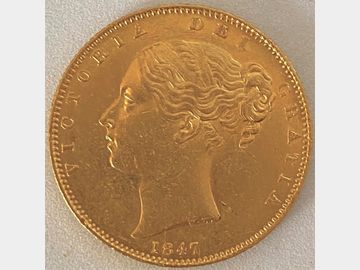 1847 VICTORIA YOUNG HEAD SHIELD GOLD SOVEREIGN