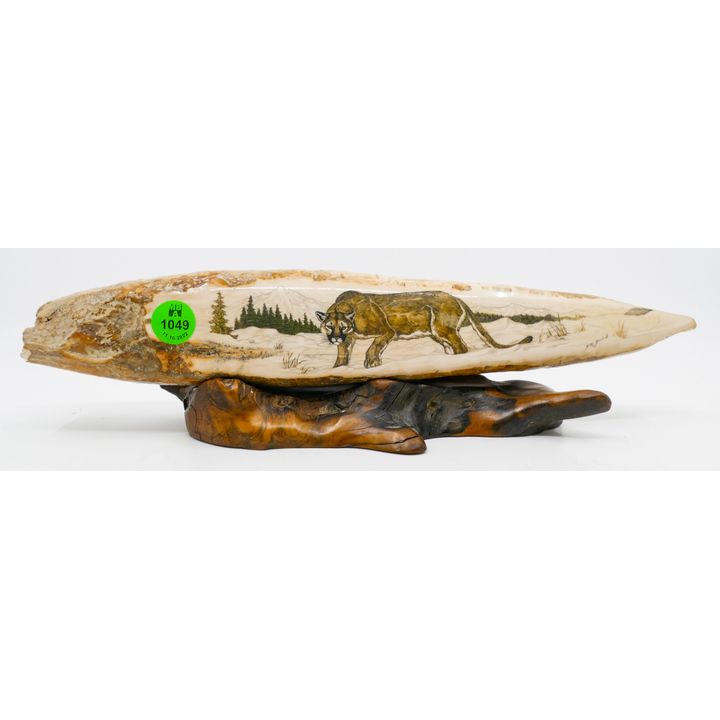 Diane Bonin Cougar Landscape Scrimshawed Tusk Fragment on Stand 12''
