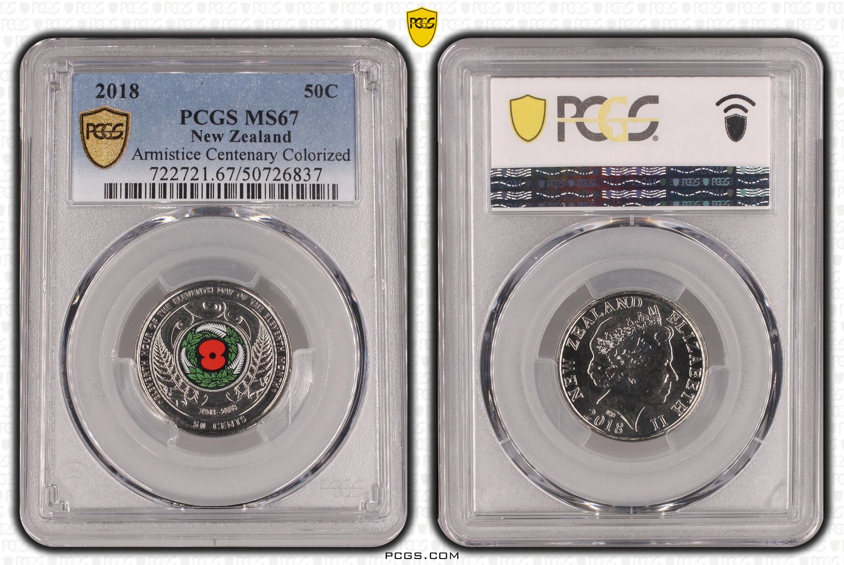 New Zealand, Armistice Centenary Colorized , Fifty Cent, 2018, PCGS MS67