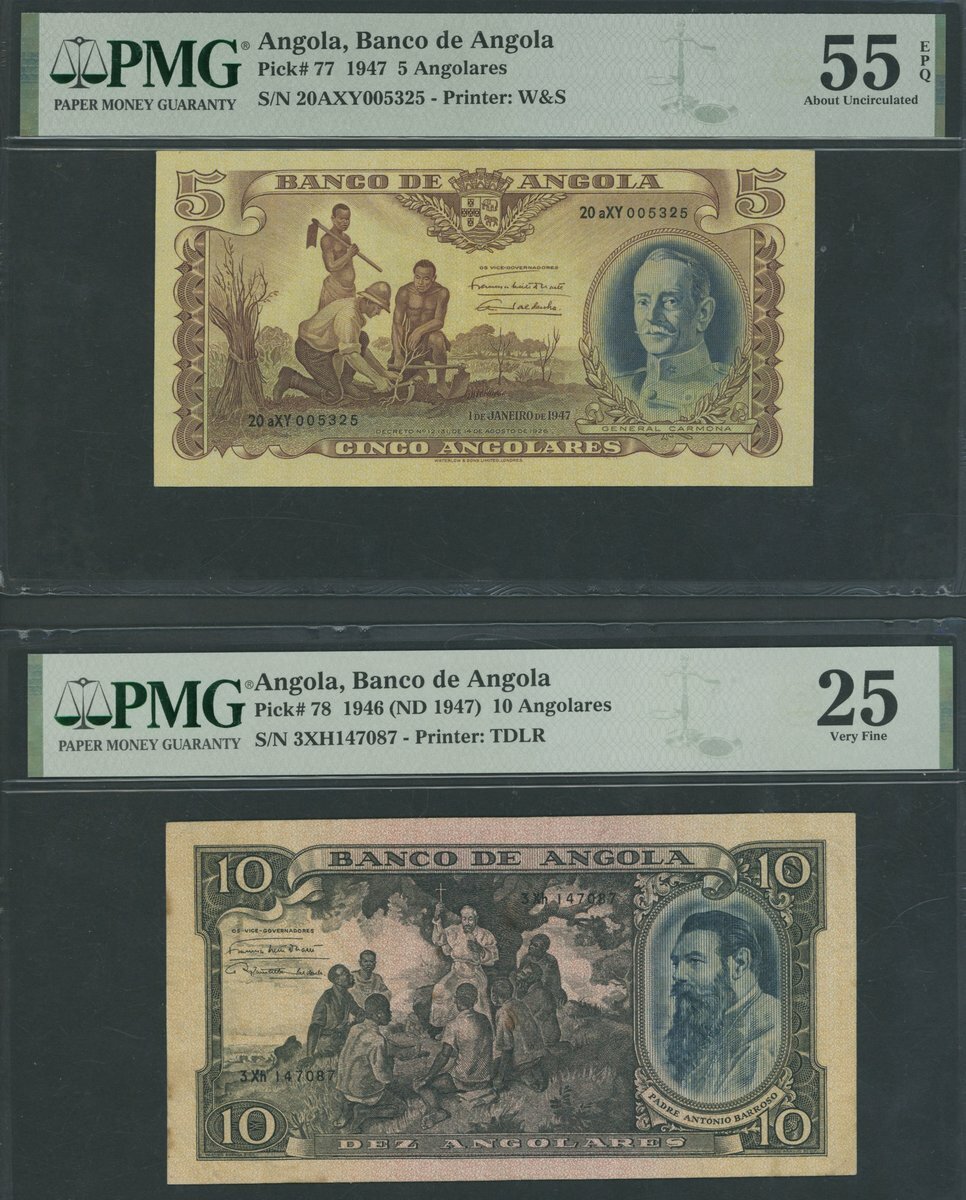 Banco de Angola, [2 notes] 5, 10 Angolares, 1946-47, serial numbers ...