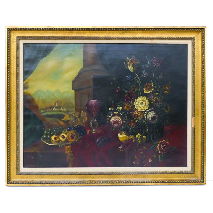 Antique Still Life in Landscape Oil on Canvas signed T. Keishian. Framed- 34x43''
