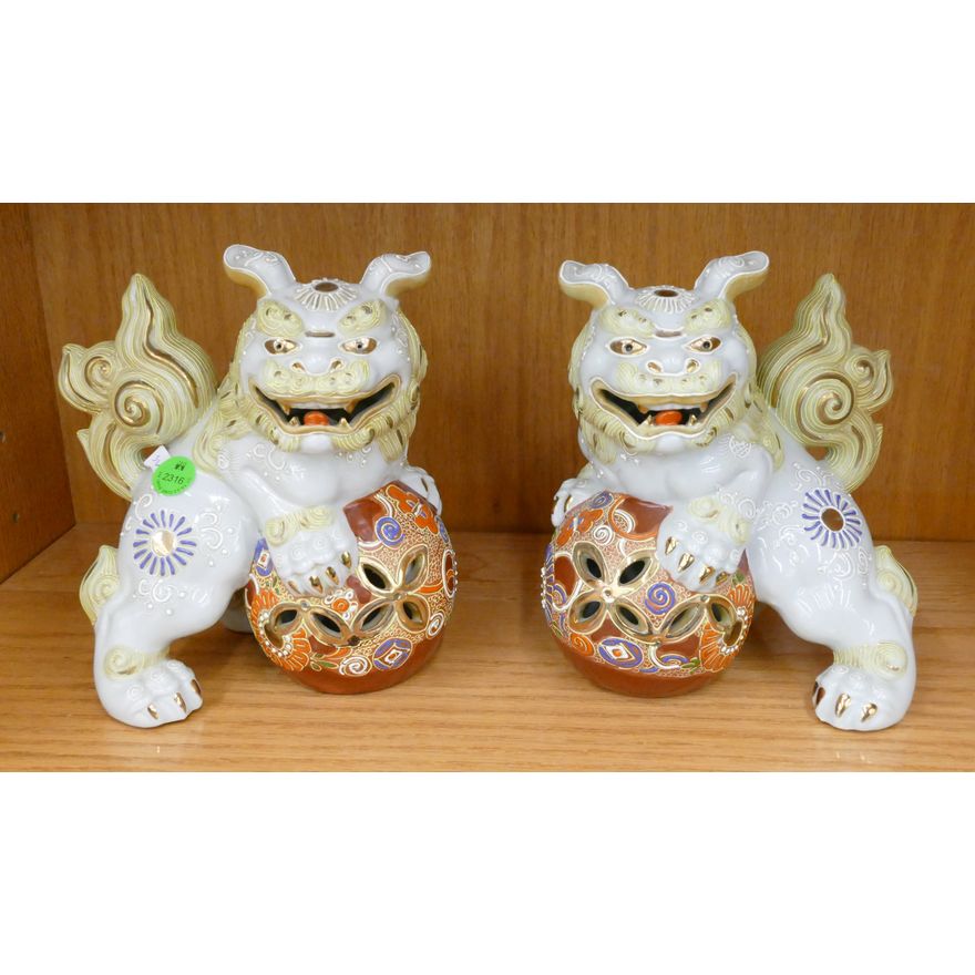 Pair Japanese Kutani Porcelain Foo Dogs 8''