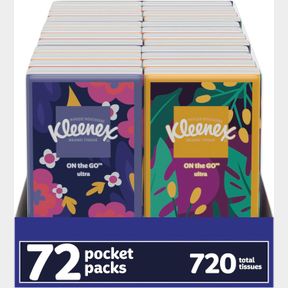 10 COUNT (PACK OF 72) KLEENEX ON-THE-GO FACIAL TISSUES, TRAVEL SIZE, 72 PACKS (9 DISPLAYS OF 8), 10 TISSUES PER PACK, 3-PLY (720 T