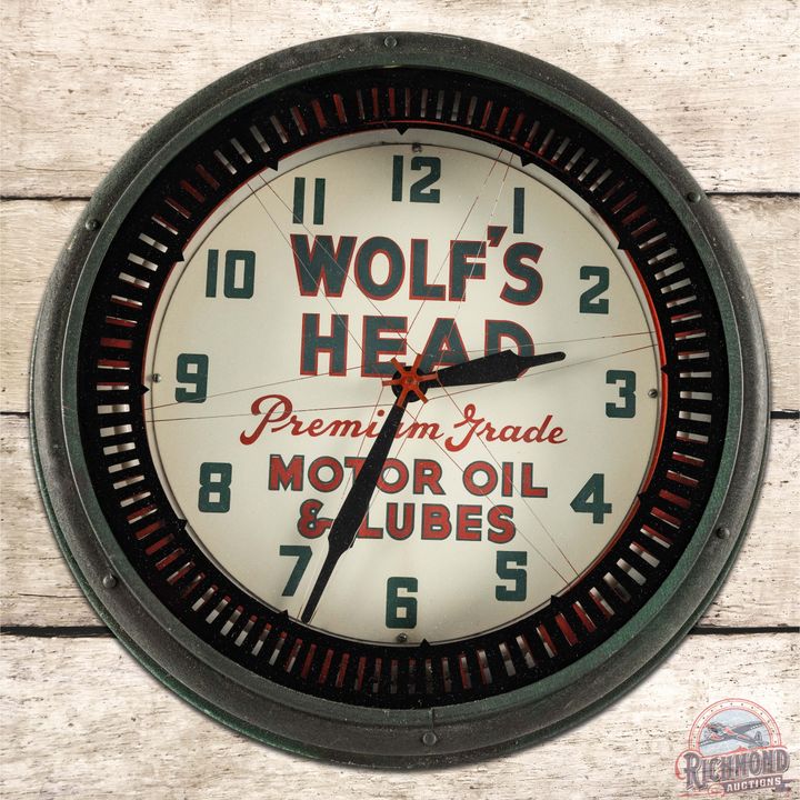 Wolf's Head Motor Oils & Lubes 20" Neon Spinner Advertising Clock