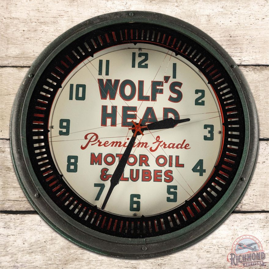 Wolf's Head Motor Oils & Lubes 20" Neon Spinner Advertising Clock