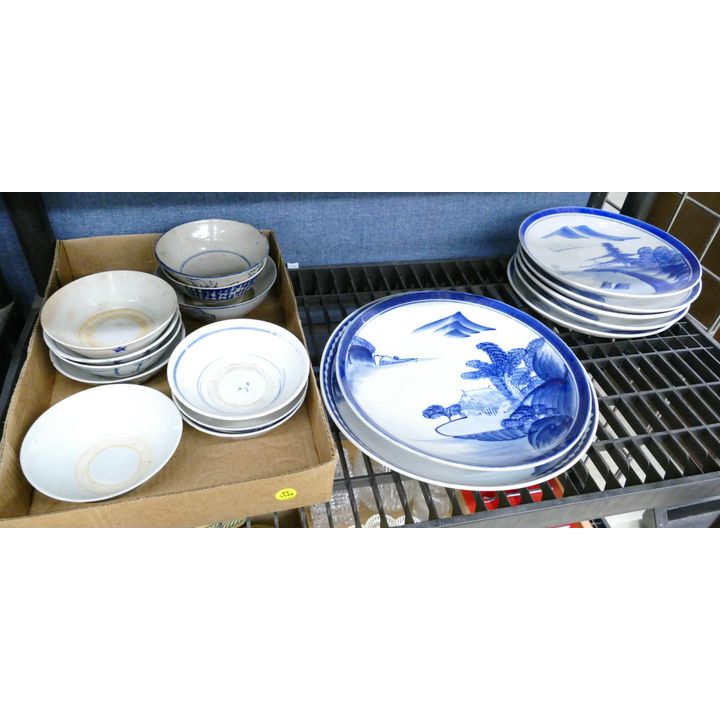 Shelf Asian B&W Porcelain Bowls and Plates- 18pc