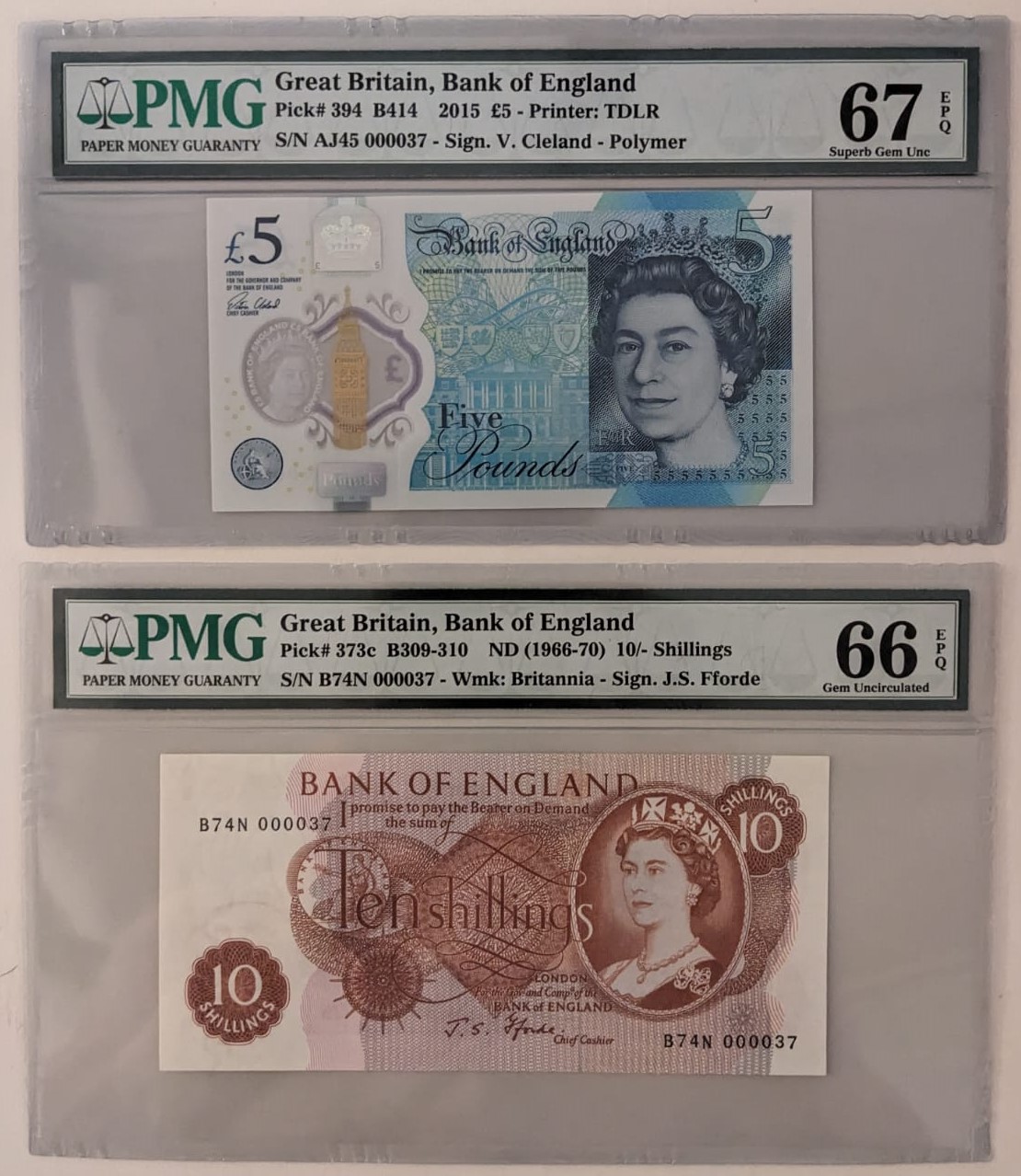 Bank of England, Great Britain, a pair of low serial number 000037 ...