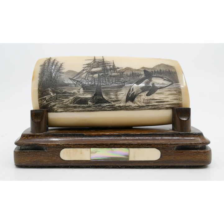 Peter Kinney Killer Whale and Ship Scrimshawed Fragment on Stand 4''