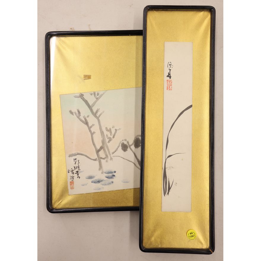2pc Old Japanese Shikish Board Paintings Framed 15'' to 20''